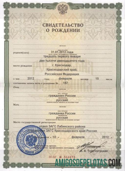 Certidão de nascimento do cartório de registro civil do distrito de Labinsky da Rússia modelo